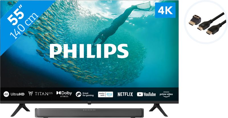 Foto van Philips 55pus7009  + soundbar + hdmi kabel