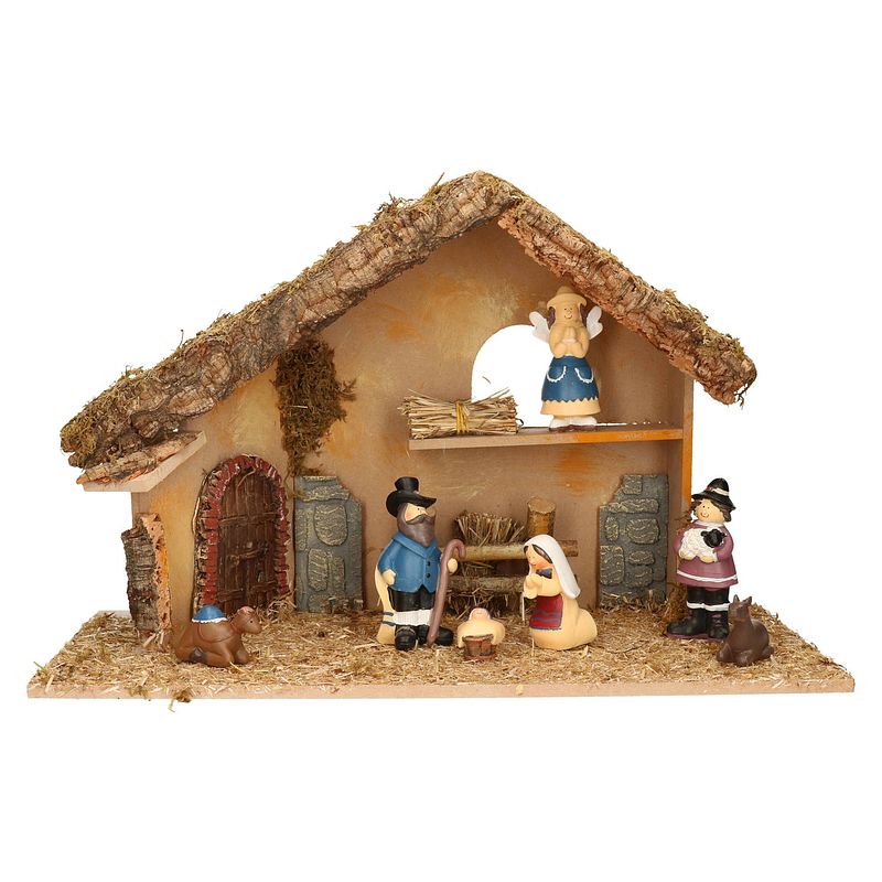 Foto van Complete kerststal met 7x st kerststal beelden - 50 x 23 x 31 cm - kerststallen