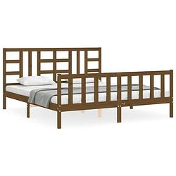 Foto van The living store bedframe massief grenenhout - honingbruin - 205.5 x 185.5 x 100 cm - multiplex lattenbodem -