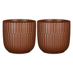 Foto van 2x stuks plantenpot/bloempot keramiek mat bruin stripes patroon - d14/h13 cm - plantenpotten