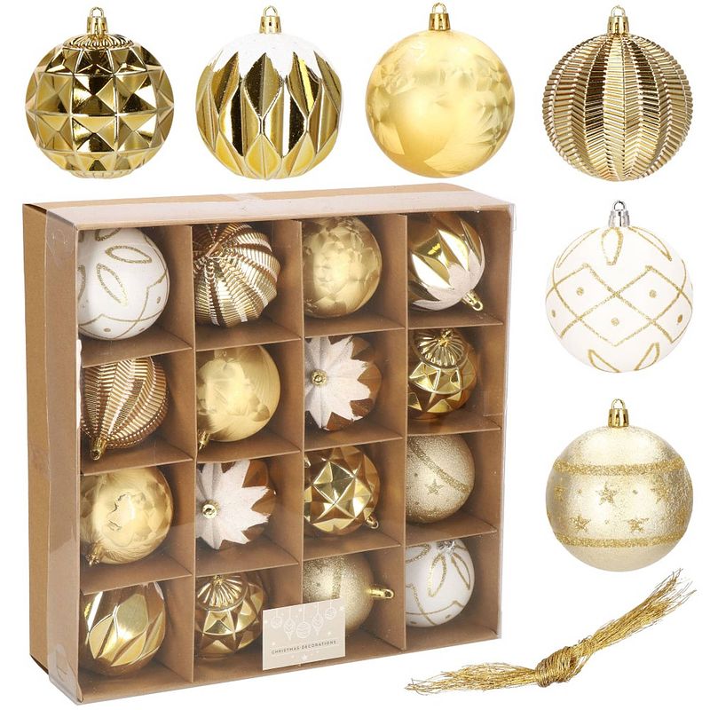 Foto van Kerstballen 16 stuks 8 cm goud/wit