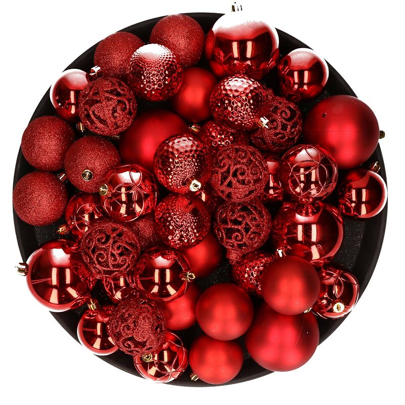 Foto van Kerstversiering kunststof kerstballen rood 6-8-10 cm pakket van 36x stuks - kerstbal