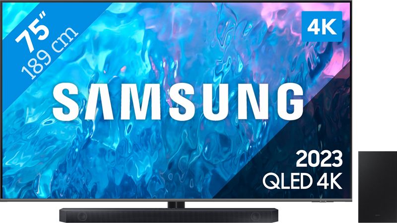 Foto van Samsung qled 75q74c (2023) + soundbar