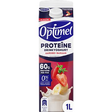 Foto van Optimel proteine drinkyoghurt aardbei banaan 0% vet 1l aanbieding bij jumbo | 2 voor 3.00