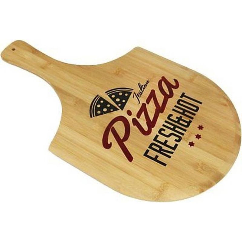 Foto van Houten bamboe serveerplank/snijplank voor pizza 53,5 x 30,5 cm - houten dienbladen - pizza snijden/serveren