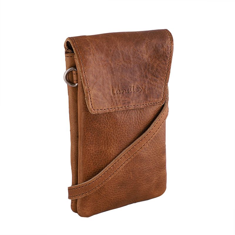 Foto van Landley leren dames telefoontasje - klein schoudertasje - phone wallet - antique vintage leer - cognac