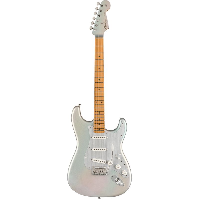 Foto van Fender h.e.r. stratocaster mn chrome glow elektrische gitaar met gigbag