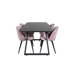Foto van Incablbl eethoek eetkamertafel udtræksbord længde cm 160 / 200 zwart en 4 velvet eetkamerstal velours roze, zwart.