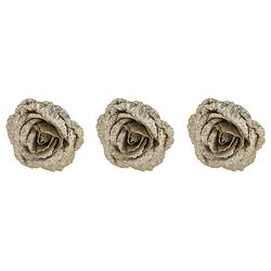Foto van 3x stuks decoratie bloemen roos champagne glitter op clip 18 cm - kunstbloemen
