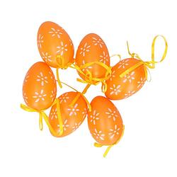 Foto van 6x stuks pasen/paas hangdecoratie paaseieren oranje 6 cm - feestdecoratievoorwerp