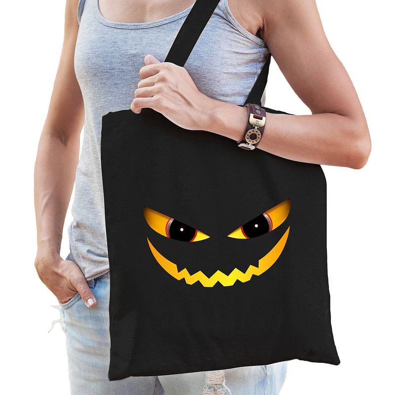 Foto van Halloween duivel gezicht halloween trick or treat katoenen tas/ snoep tas zwart - verkleedtassen