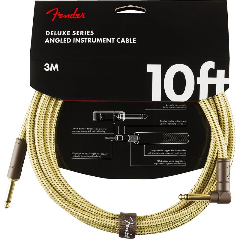 Foto van Fender deluxe cables instrumentkabel 3 m geel tweed recht+haaks