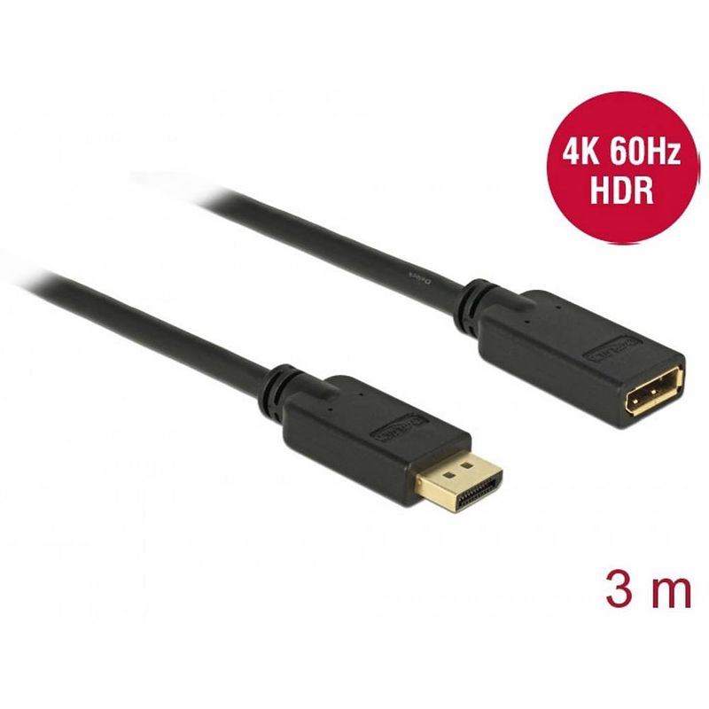 Foto van Delock displayport verlengkabel displayport stekker, displayport bus 3.00 m zwart 83811 vergulde steekcontacten displayport-kabel