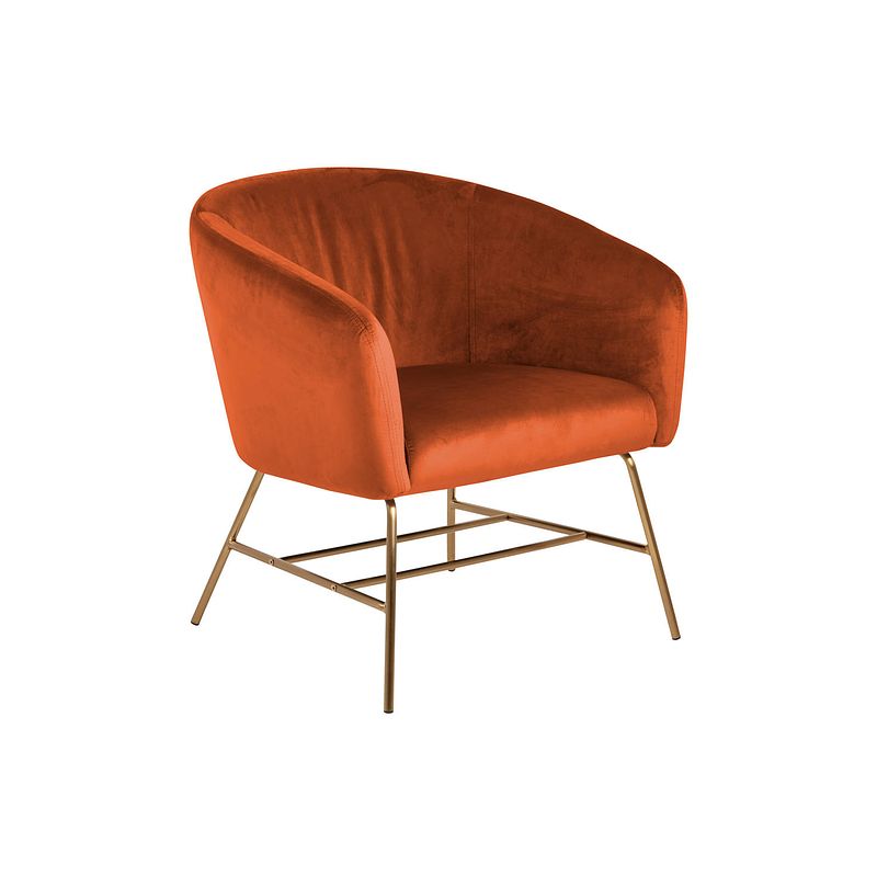 Foto van Rae fauteuil oranje, messingkleurig chroom.