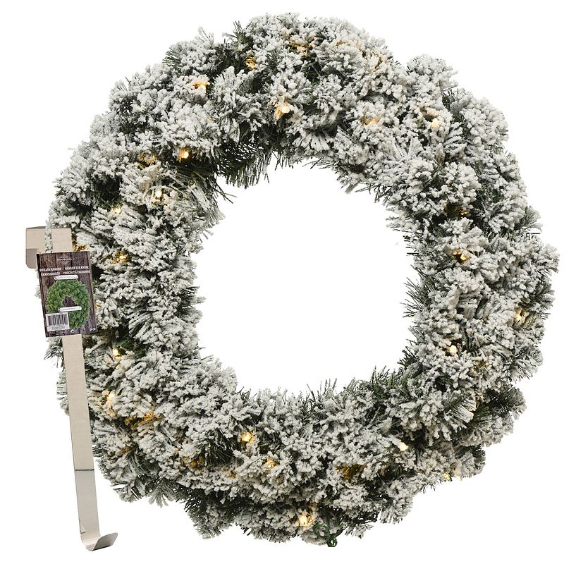 Foto van Kerstkrans 50 cm - groen met led - besneeuwd - met messing zilveren hanger/ophanghaak - kerstkransen