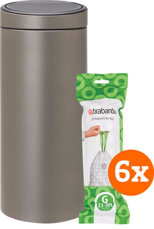 Foto van Brabantia touch bin 30 liter platinum + vuilniszakken (120 stuks)