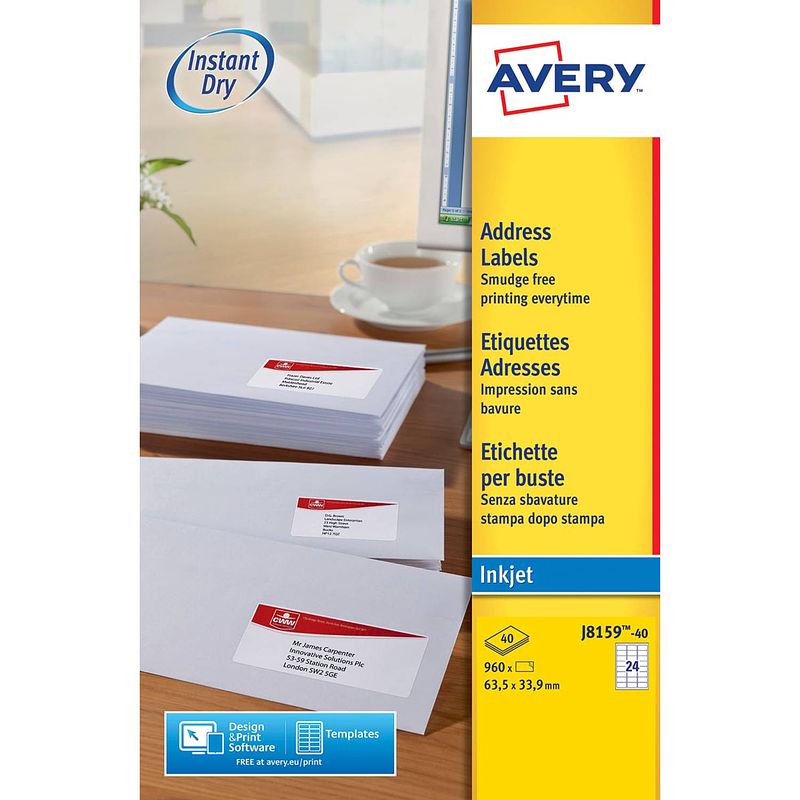 Foto van Avery witte etiketten quickdry doos van 40 blad, ft 63,5 x 33,9 mm (b x h), 960 stuks, 24 per blad