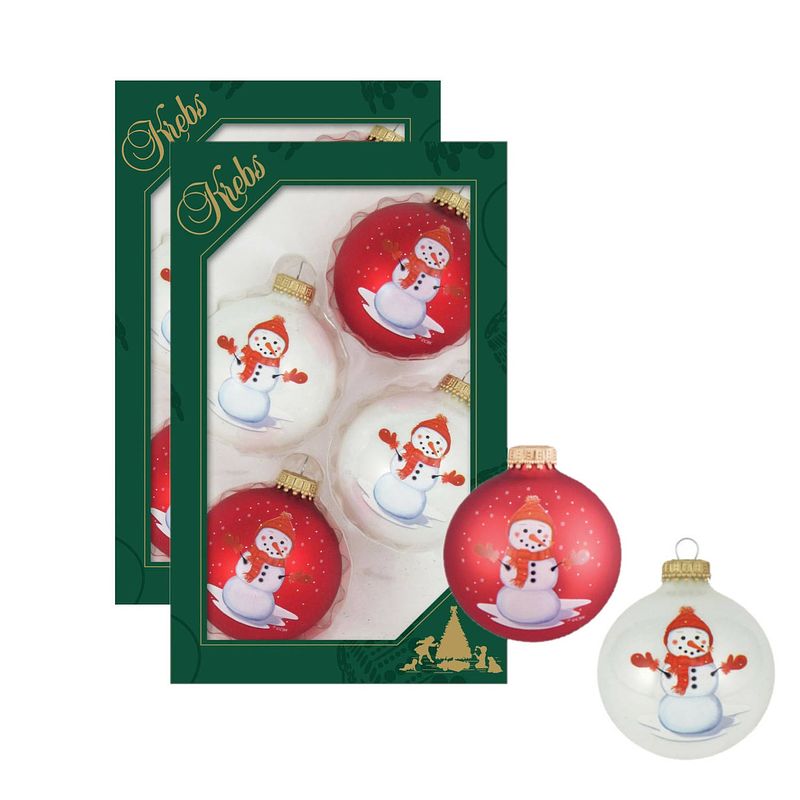 Foto van 8x stuks luxe glazen kerstballen 7 cm wit en rood met sneeuwpop - kerstbal