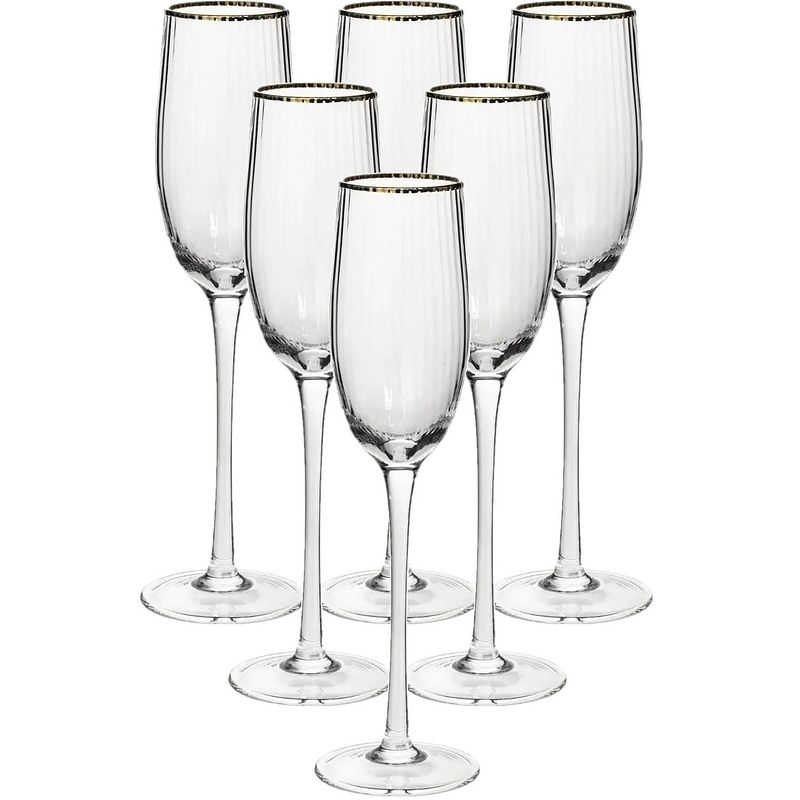 Foto van Set van 6x champagneglazen/flutes gouden rand salon 210 ml van glas - champagneglazen