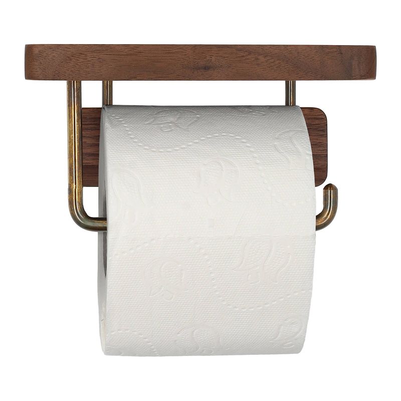 Foto van Quvio toiletrolhouder met plankje - hout en goud metaal