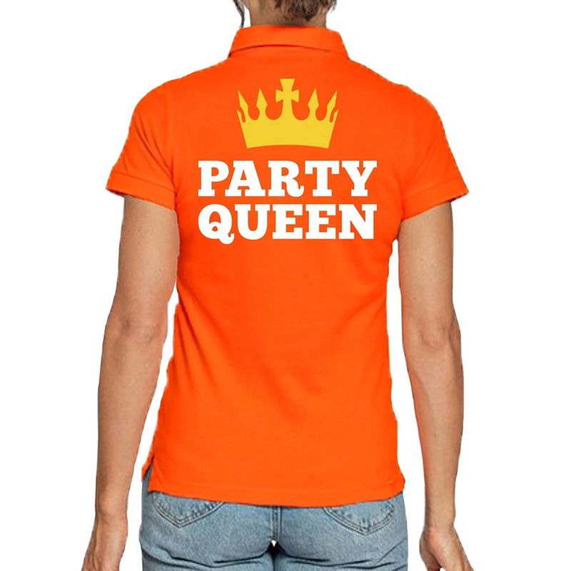 Foto van Koningsdag polo t-shirt oranje party queen voor dames xs - feestshirts