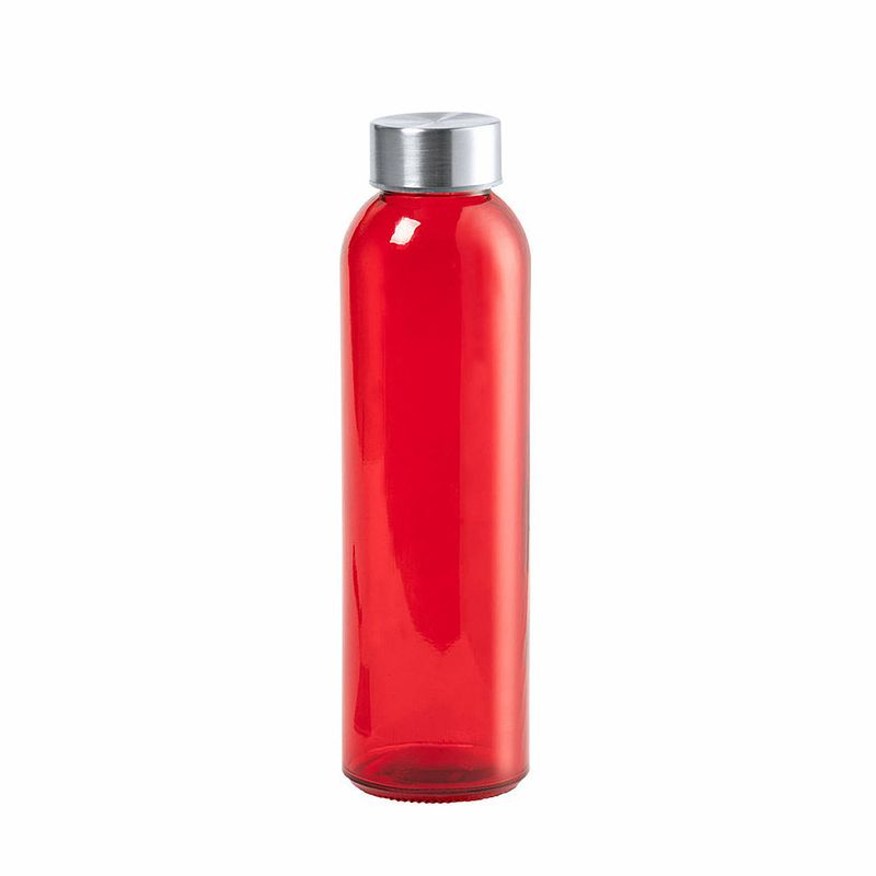Foto van Glazen waterfles/drinkfles/sportfles - rood transparant - met rvs dop - 500 ml - drinkflessen