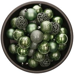 Foto van 37x stuks kunststof kerstballen salie groen 6 cm glans/mat/glitter mix - kerstbal