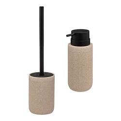 Foto van Badkamer/toilet accessoires set onyx - wc-borstel in houder en zeeppompje - beige/zwart - 350 ml - badkameraccessoireset