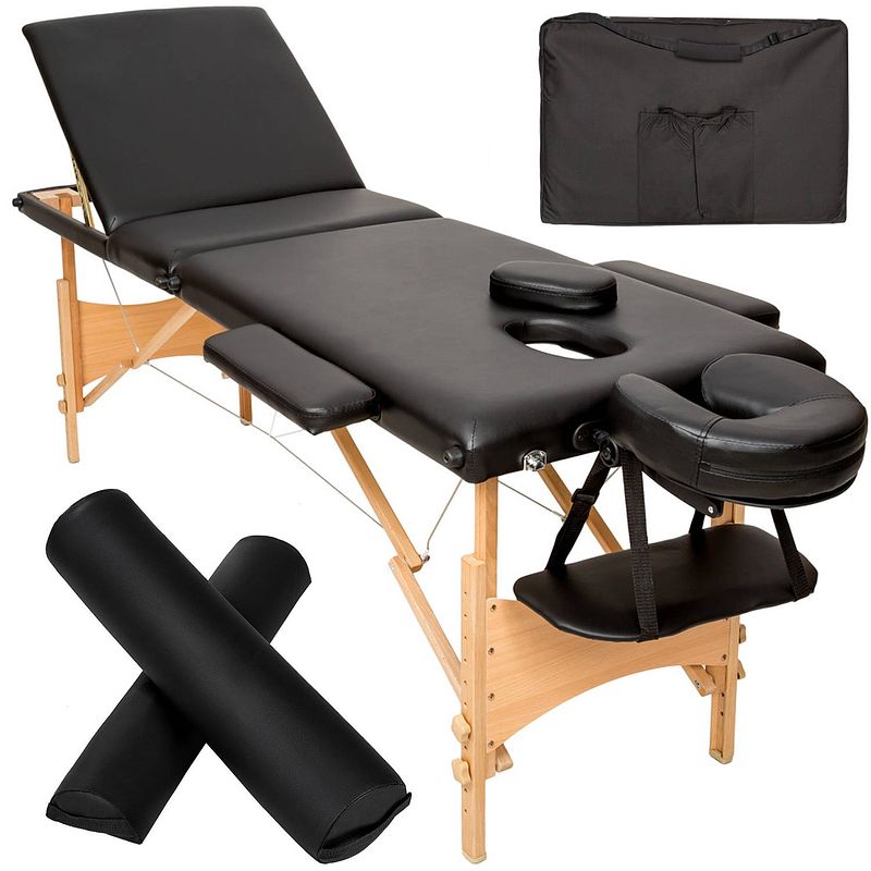 Foto van Tectake® - 3 zones massagetafel-set daniel met 3cm matras, rolkussens en houten frame - zwart - 404748