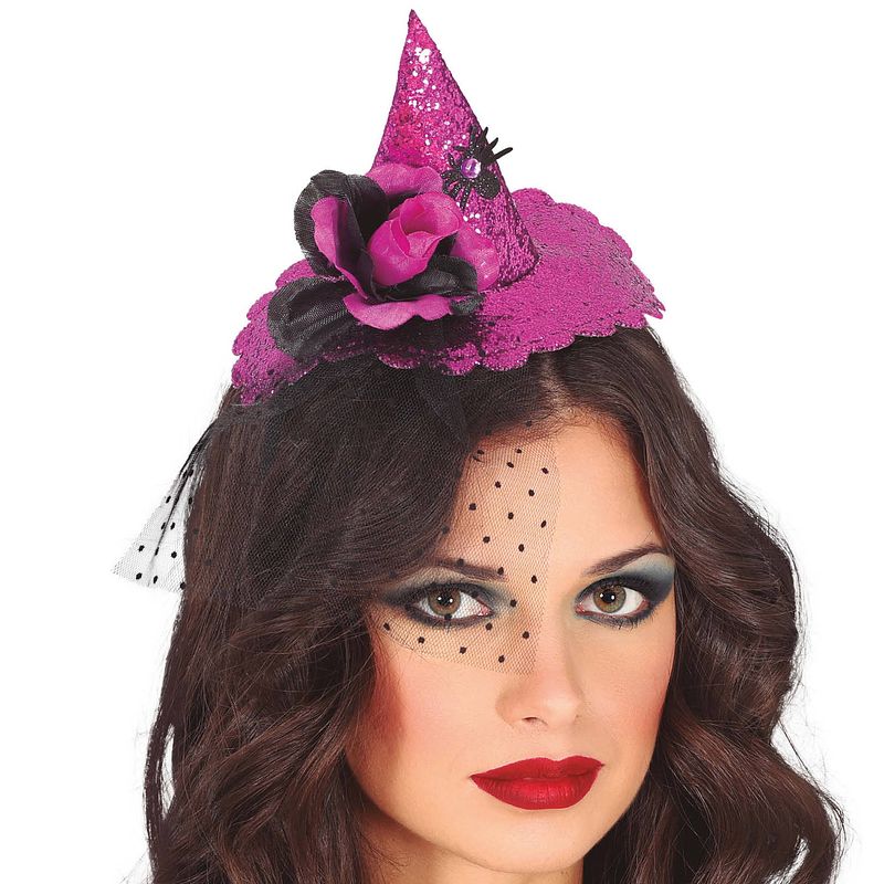 Foto van Halloween heksenhoed - mini hoedje op diadeem - one size - roze - meisjes/dames - verkleedhoofddeksels