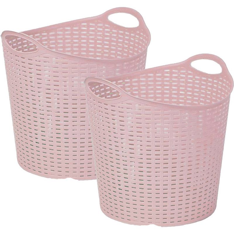 Foto van Plasticforte gevlochten wasmand/opbergmand - 2x - flexibel - roze - 27 liter - rond - kunststof - wasmanden