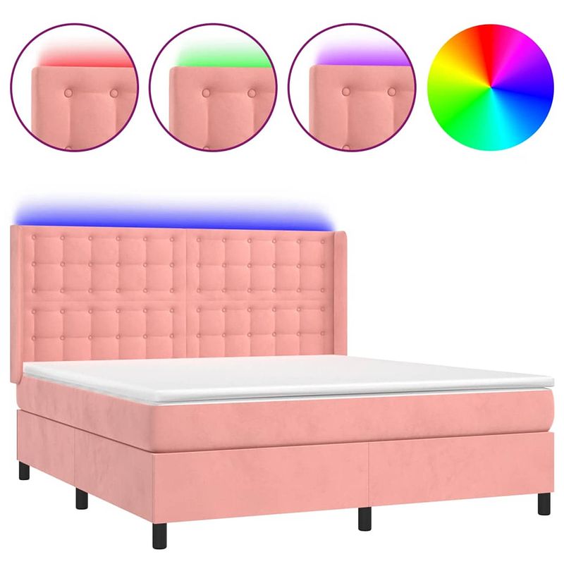 Foto van The living store boxspring bed - roze fluweel - 203x163x118/128 cm - met verstelbaar hoofdbord - led-verlichting -