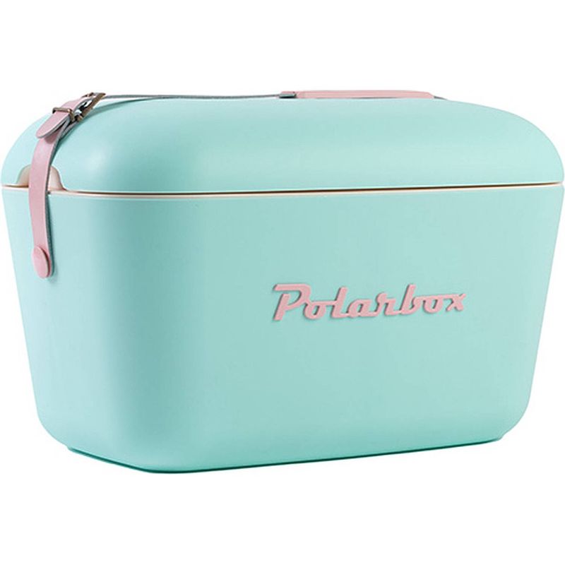 Foto van Polarbox retro koelbox pop groen met roze band - 20 liter - duurzaam geproduceerde trendy koelbox