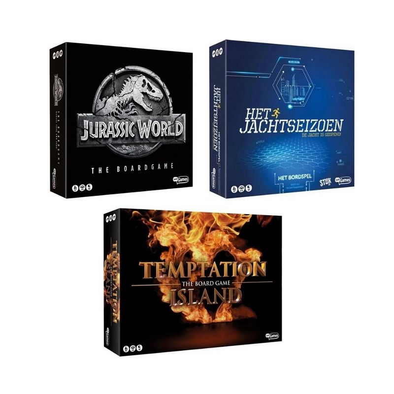 Foto van Spellenbundel - 3 stuks - jurassic world the boardgame & het jachtseizoen & temptation island