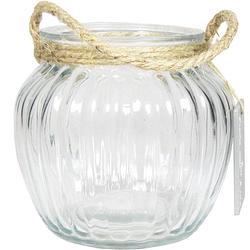 Foto van Glazen ronde windlicht ribbel 1,5 liter met touw hengsel/handvat 12 x 10,5 cm - waxinelichtjeshouders
