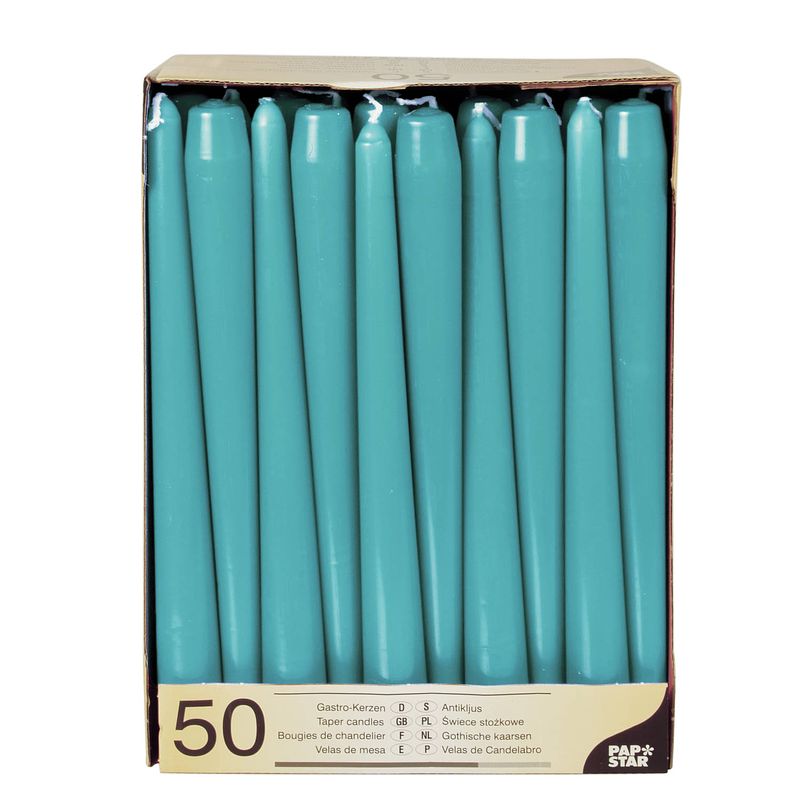 Foto van 50x stuks dinerkaarsen turquoise blauw 25 cm - dinerkaarsen