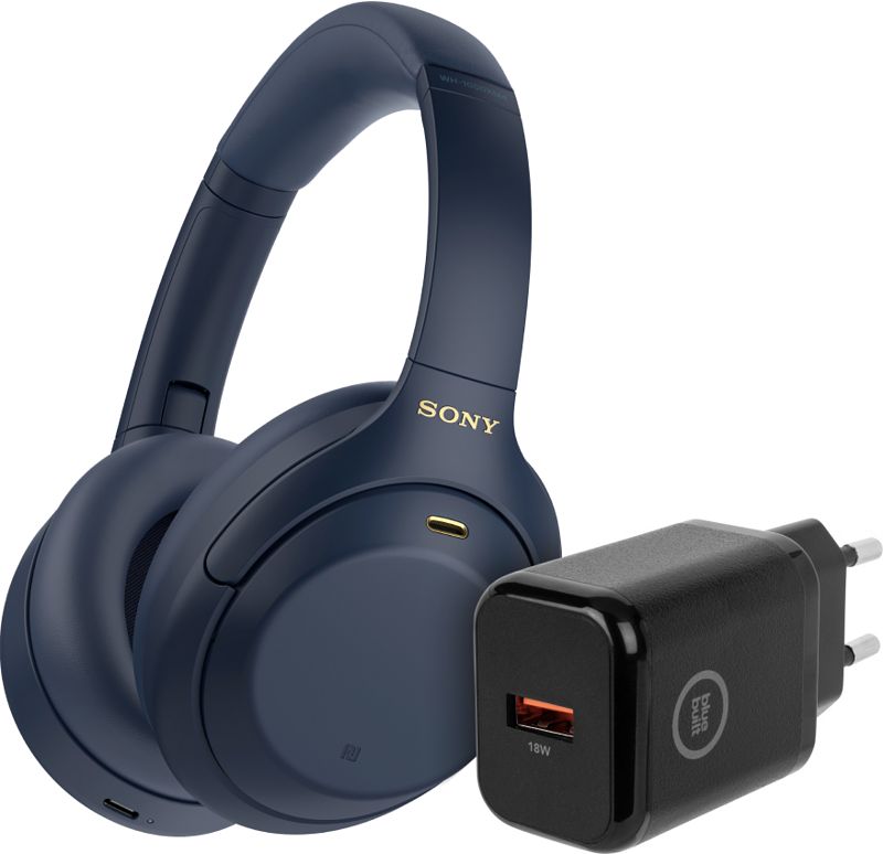 Foto van Sony wh-1000xm4 blauw + bluebuilt quick charge oplader met usb a poort 18w zwart