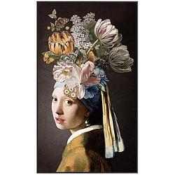 Foto van Schilderij meisje met de parel met bloemen - multikleur - 118x70 cm - leen bakker