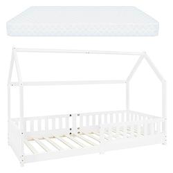 Foto van Kinderbed met uitvalbeveiliging lattenbodem en dak 200x90 cm wit grenen hout ml-design