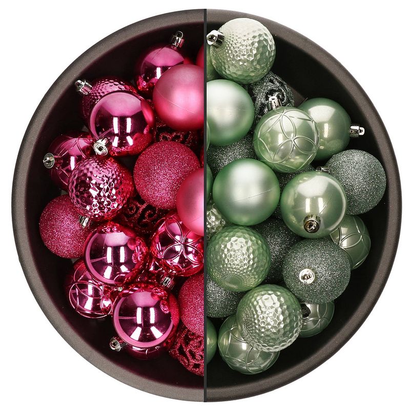 Foto van 74x stuks kunststof kerstballen mix van mintgroen en fuchsia roze 6 cm - kerstbal