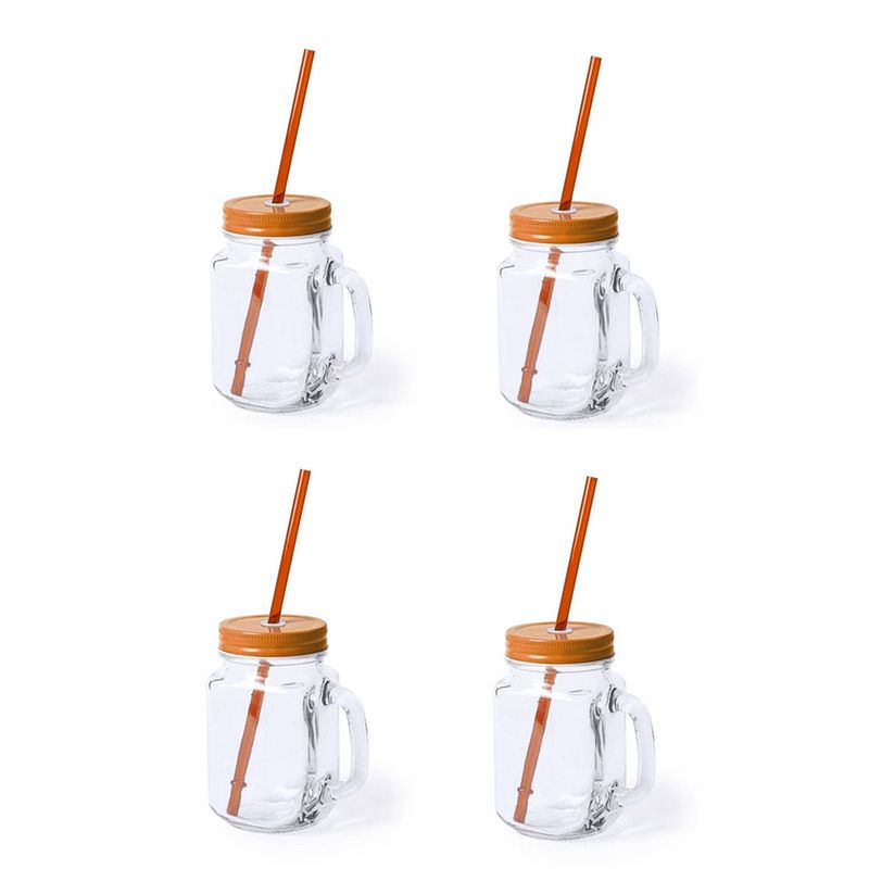 Foto van 4x stuks drink potjes van glas mason jar oranje deksel 500 ml - drinkbekers