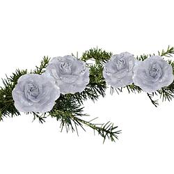 Foto van 4x stuks decoratie bloemen rozen zilver op clip 9 cm - kersthangers