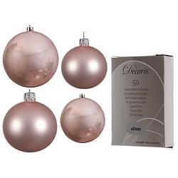 Foto van Glazen kerstballen pakket lichtroze glans/mat 38x stuks 4 en 6 cm inclusief haakjes - kerstbal