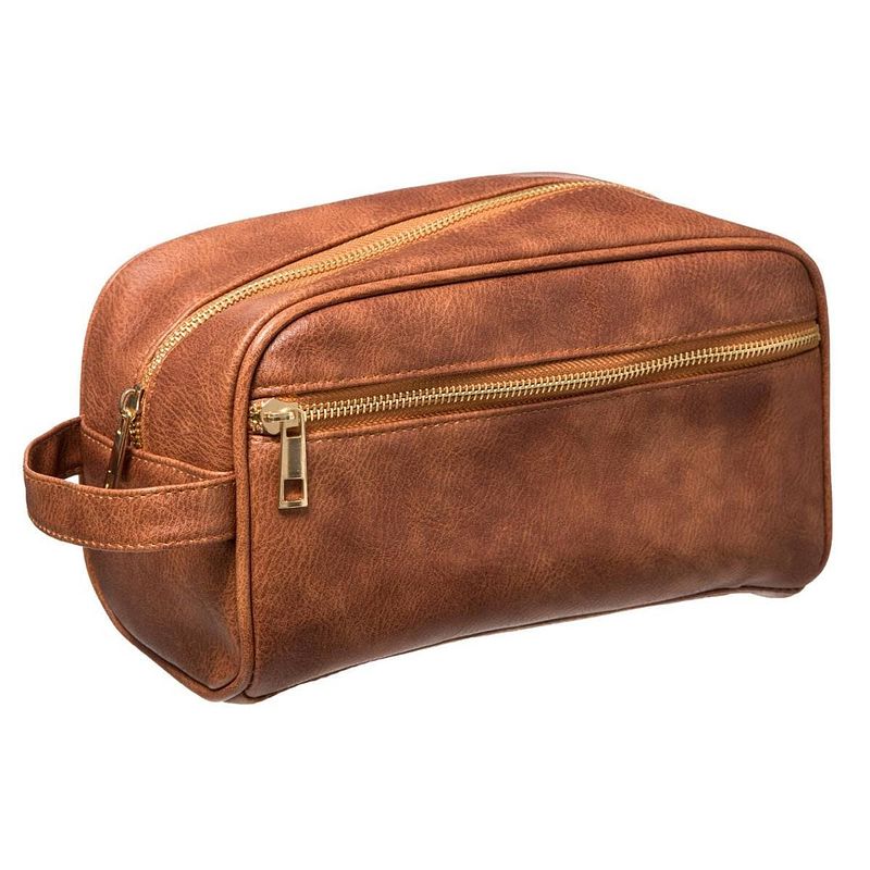 Foto van Reis toilettas/etui/opberg tasje leder look voor heren cognac 25 x 13 x 14 cm - toilettassen