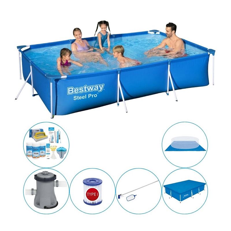 Foto van Bestway steel pro rechthoekig zwembad - 300 x 201 x 66 cm - blauw - inclusief accessoires