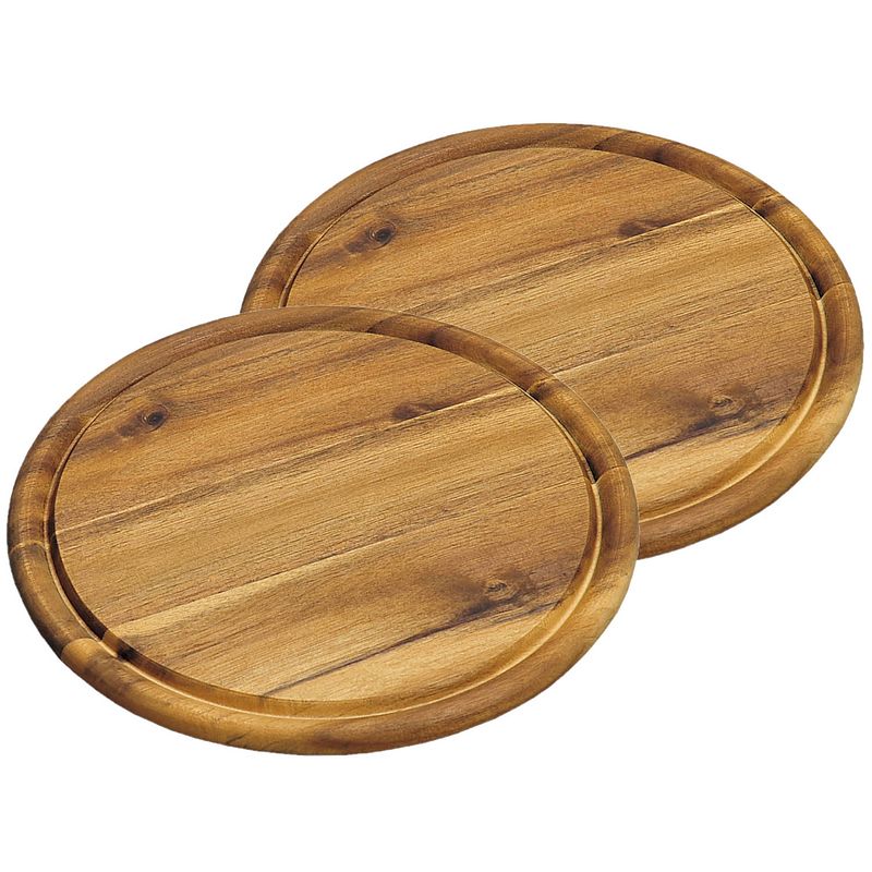Foto van 2x stuks houten broodplanken/serveerplanken rond met sapgroef 25 cm - serveerplanken