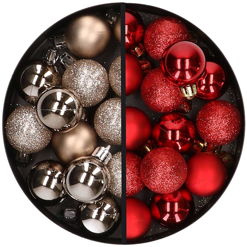 Foto van 34x stuks kunststof kerstballen champagne en rood 3 cm - kerstbal