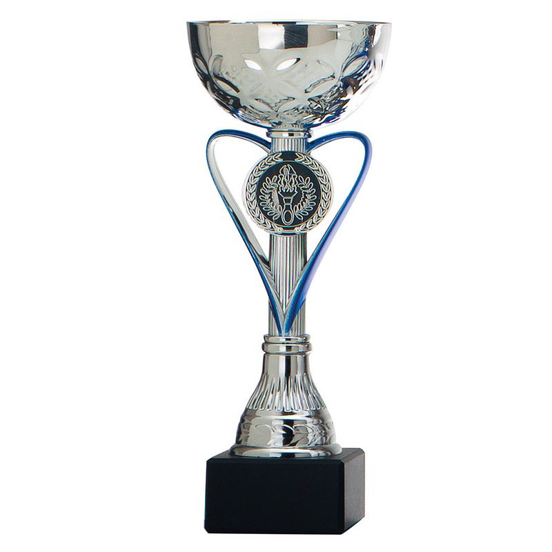 Foto van Luxe trofee/prijs beker - zilver - blauw hart - metaal - 20 x 8 cm - fopartikelen