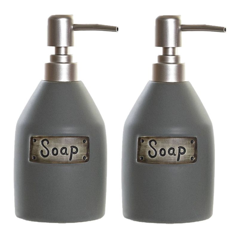 Foto van 2x stuks zeeppompjes/zeepdispensers grijs polystone 350 ml - zeeppompjes