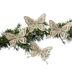 Foto van 4x stuks kerstboom decoratie vlinders op clip glitter champagne 14 cm - kersthangers